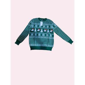 Green White Ugly Christmas Sweater + Snowflakes, Trees, & Santa Comfortable. NWT